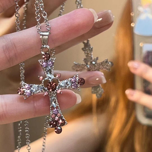Gothic Cross Pendant Necklace For Women, Y2K Heavy Duty Bling Rhinestone Clavicl
