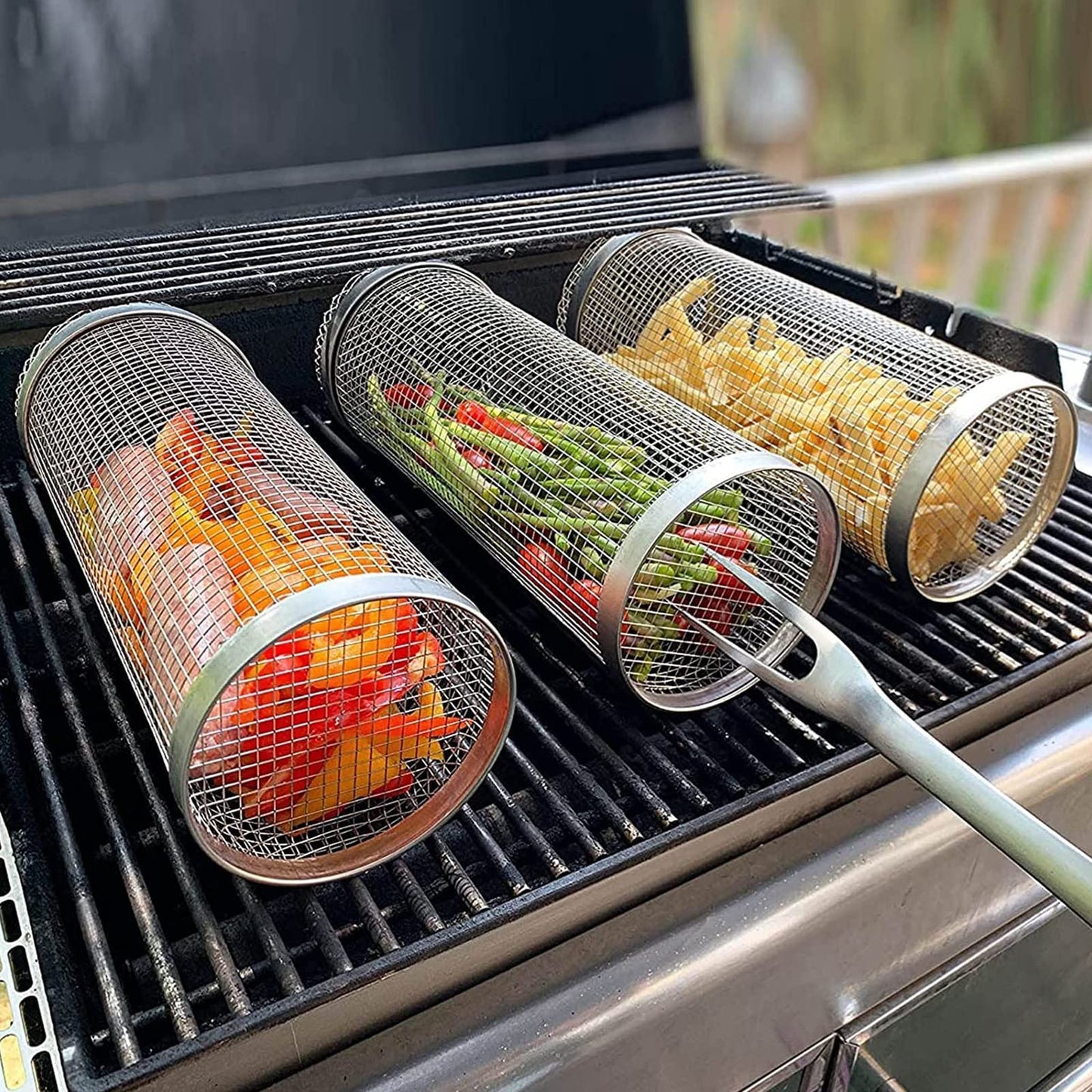 Rolling Grilling Basket Metal BBQ Barbecue Net Portable Outdoor Camping Rack
