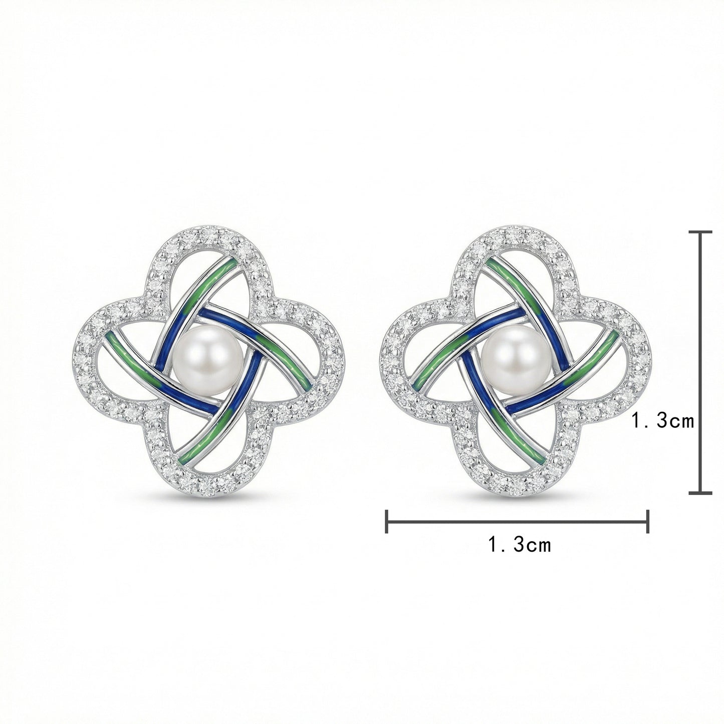 925 Sterling Silver Elegant Pearl and CZ Quatrefoil Stud Earrings with Navy Blue