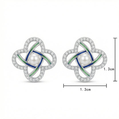 925 Sterling Silver Elegant Pearl and CZ Quatrefoil Stud Earrings with Navy Blue