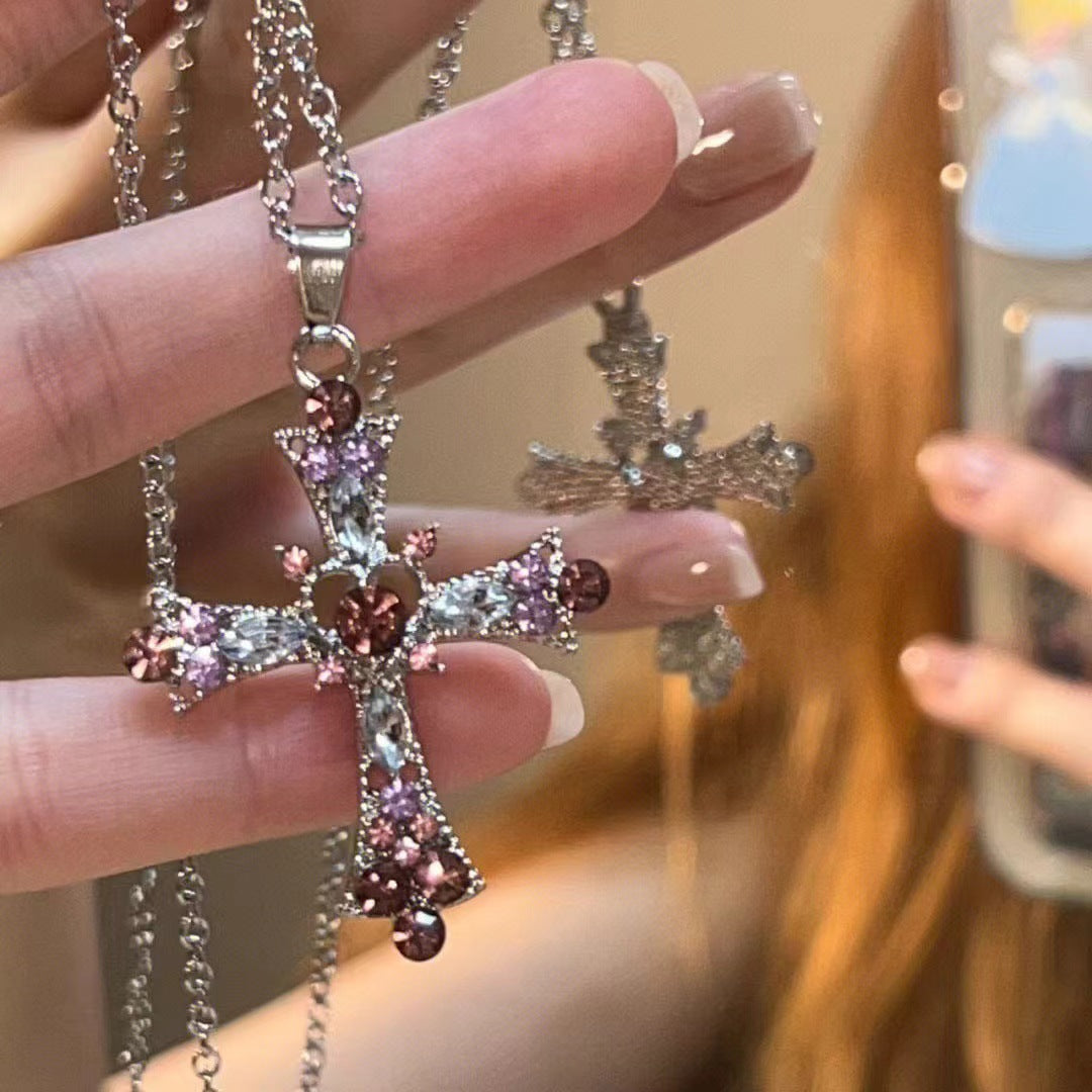 Gothic Cross Pendant Necklace For Women, Y2K Heavy Duty Bling Rhinestone Clavicl
