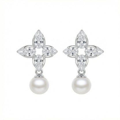 925 Sterling Silver Elegant Floral Marquise Cluster Pearl Drop Earrings