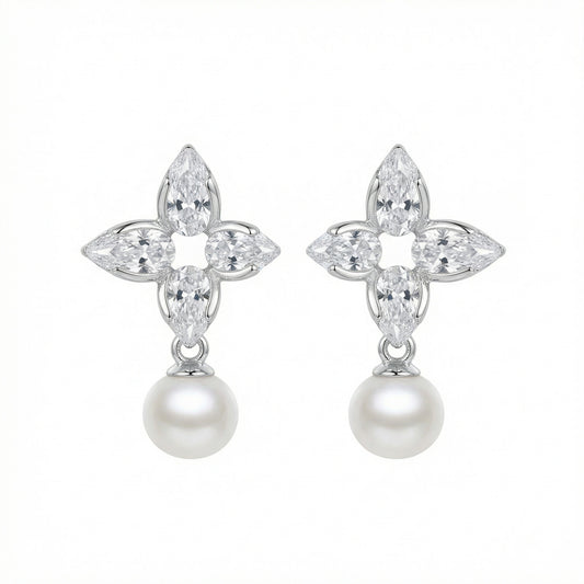 925 Sterling Silver Elegant Floral Marquise Cluster Pearl Drop Earrings