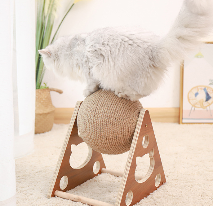 Cat Scratcher Sisal Rope Ball Scratching Post Wood Stand Anti-Scratch Toy For