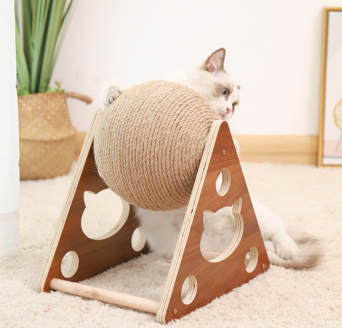 Cat Scratcher Sisal Rope Ball Scratching Post Wood Stand Anti-Scratch Toy For