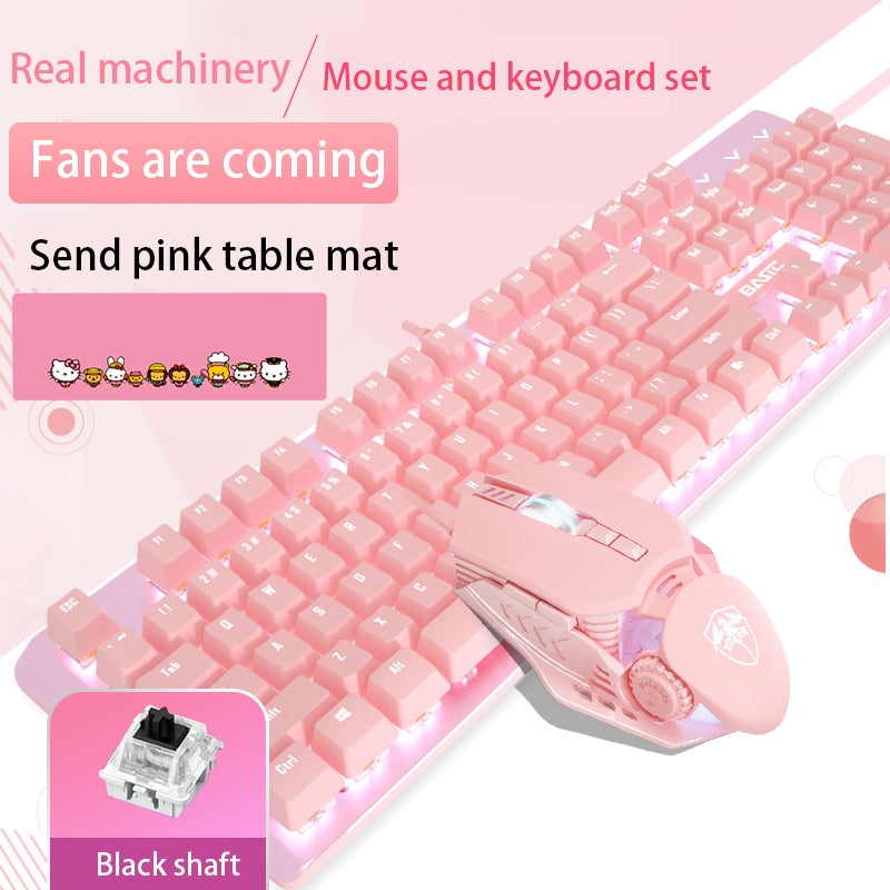 Pink Real Mechanical Keyboard And Mouse Set Girls Cute Gaming Games Dedicated