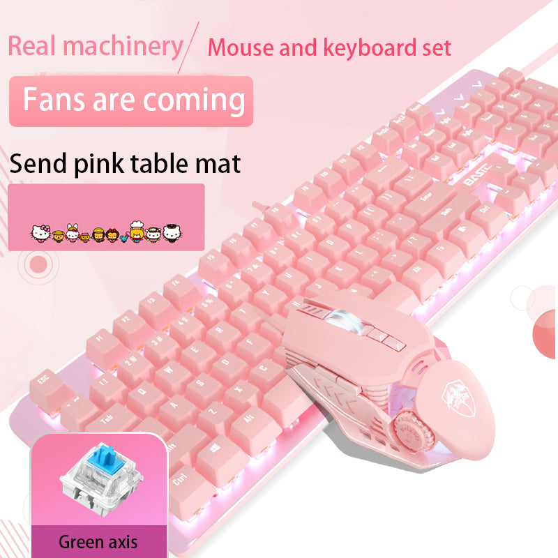 Pink Real Mechanical Keyboard And Mouse Set Girls Cute Gaming Games Dedicated