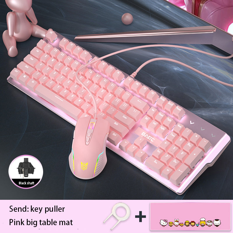 Pink Real Mechanical Keyboard And Mouse Set Girls Cute Gaming Games Dedicated
