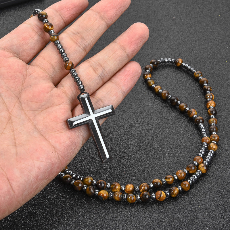 Cross Pendant Tigers Eye Lapis Lazuli Matte Agate Hematite Necklace