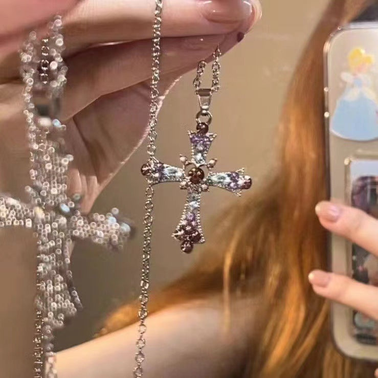 Gothic Cross Pendant Necklace For Women, Y2K Heavy Duty Bling Rhinestone Clavicl