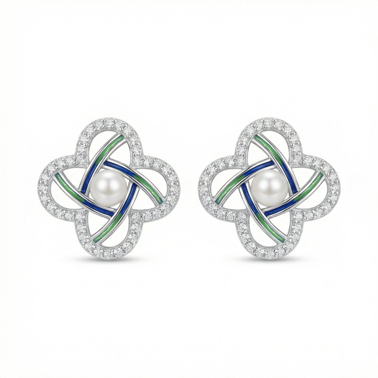 925 Sterling Silver Elegant Pearl and CZ Quatrefoil Stud Earrings with Navy Blue