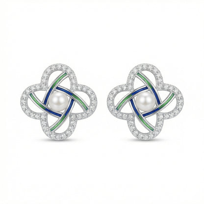 925 Sterling Silver Elegant Pearl and CZ Quatrefoil Stud Earrings with Navy Blue