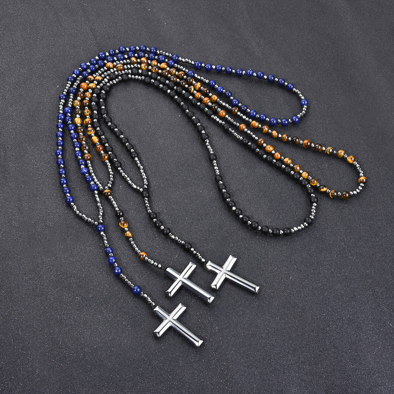 Cross Pendant Tigers Eye Lapis Lazuli Matte Agate Hematite Necklace