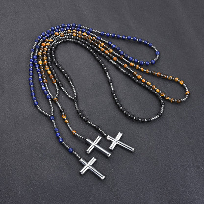 Cross Pendant Tigers Eye Lapis Lazuli Matte Agate Hematite Necklace