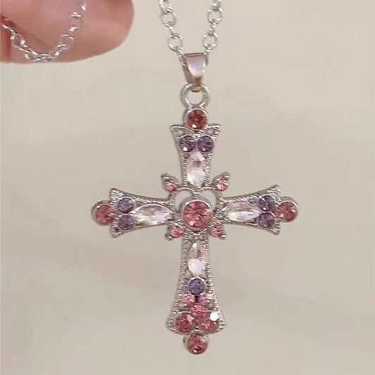 Gothic Cross Pendant Necklace For Women, Y2K Heavy Duty Bling Rhinestone Clavicl