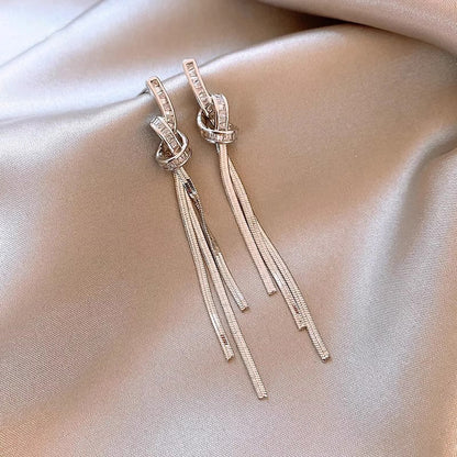 Elegant Knot CZ Tassel Drop Earrings For Women, Dainty Silver Tone Cubic Zirconi