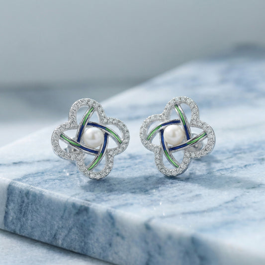 925 Sterling Silver Elegant Pearl and CZ Quatrefoil Stud Earrings with Navy Blue