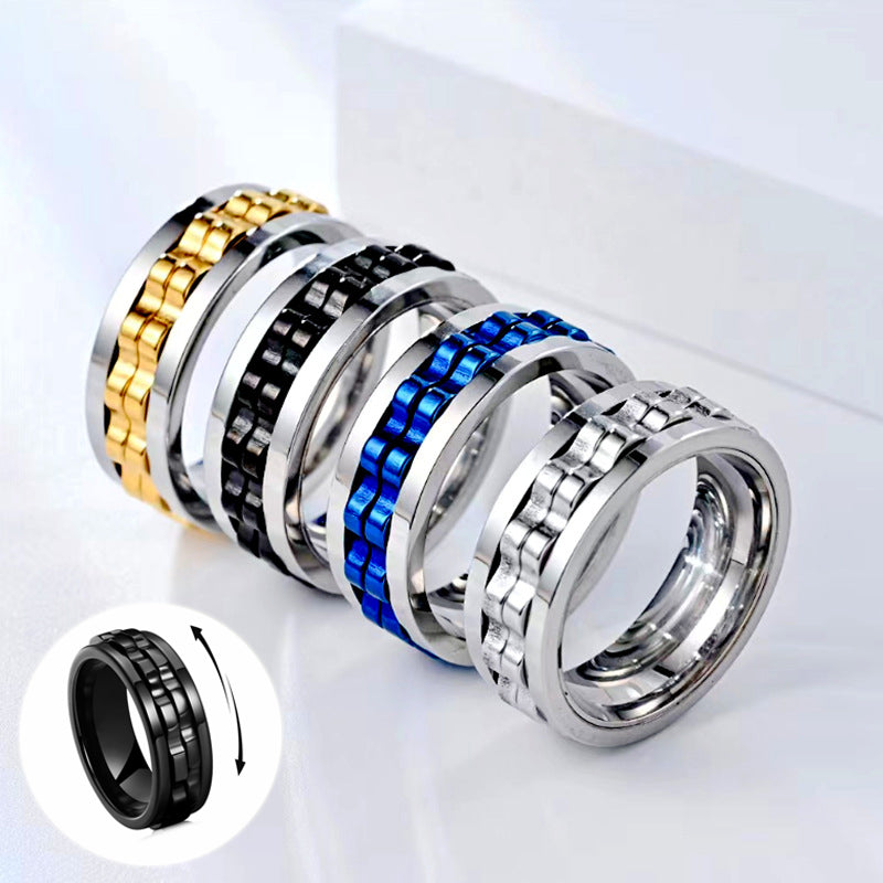 Titanium Spinner Square Texture Ring For Men High Polished Stainless Steel Gear