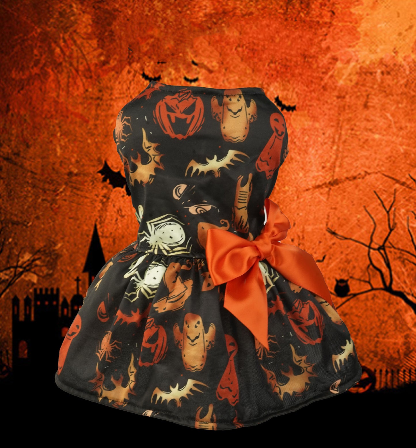 Halloween Small Dog Clothes Pet Dress Pumpkin Print Chihuahua Yorkie Mesh Party