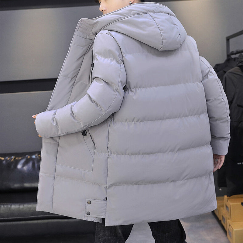 Long Hooded Jacket Men Winter Warm Windproof Coat Fashion Solid Color Clothes