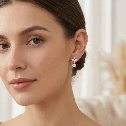 925 Sterling Silver Elegant Floral Marquise Cluster Pearl Drop Earrings