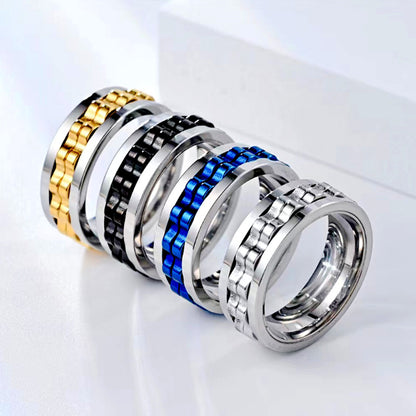 Titanium Spinner Square Texture Ring For Men High Polished Stainless Steel Gear