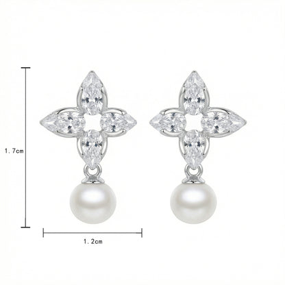 925 Sterling Silver Elegant Floral Marquise Cluster Pearl Drop Earrings