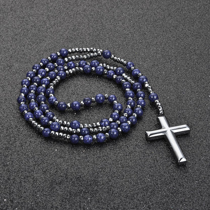 Cross Pendant Tigers Eye Lapis Lazuli Matte Agate Hematite Necklace