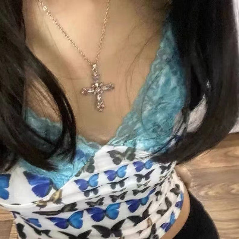 Gothic Cross Pendant Necklace For Women, Y2K Heavy Duty Bling Rhinestone Clavicl