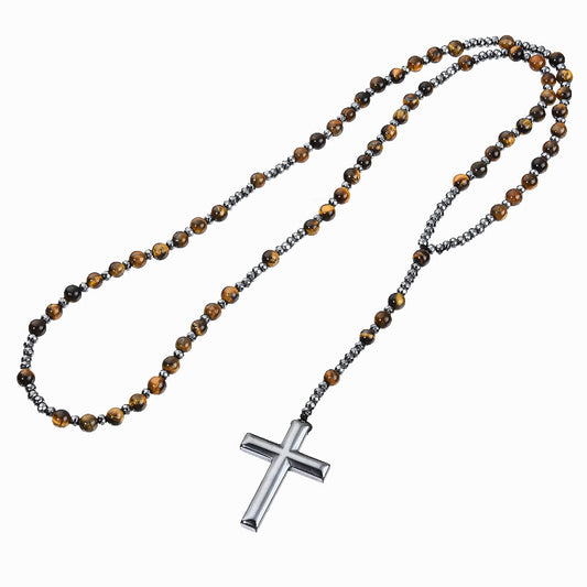 Cross Pendant Tigers Eye Lapis Lazuli Matte Agate Hematite Necklace